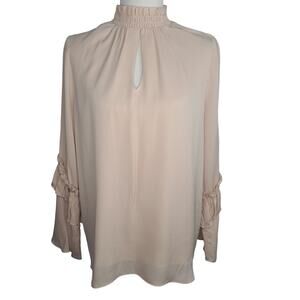 Drew Blouse Pale Pink Peekaboo Mock Neck Top Medium Silk Ruffle Sleeve